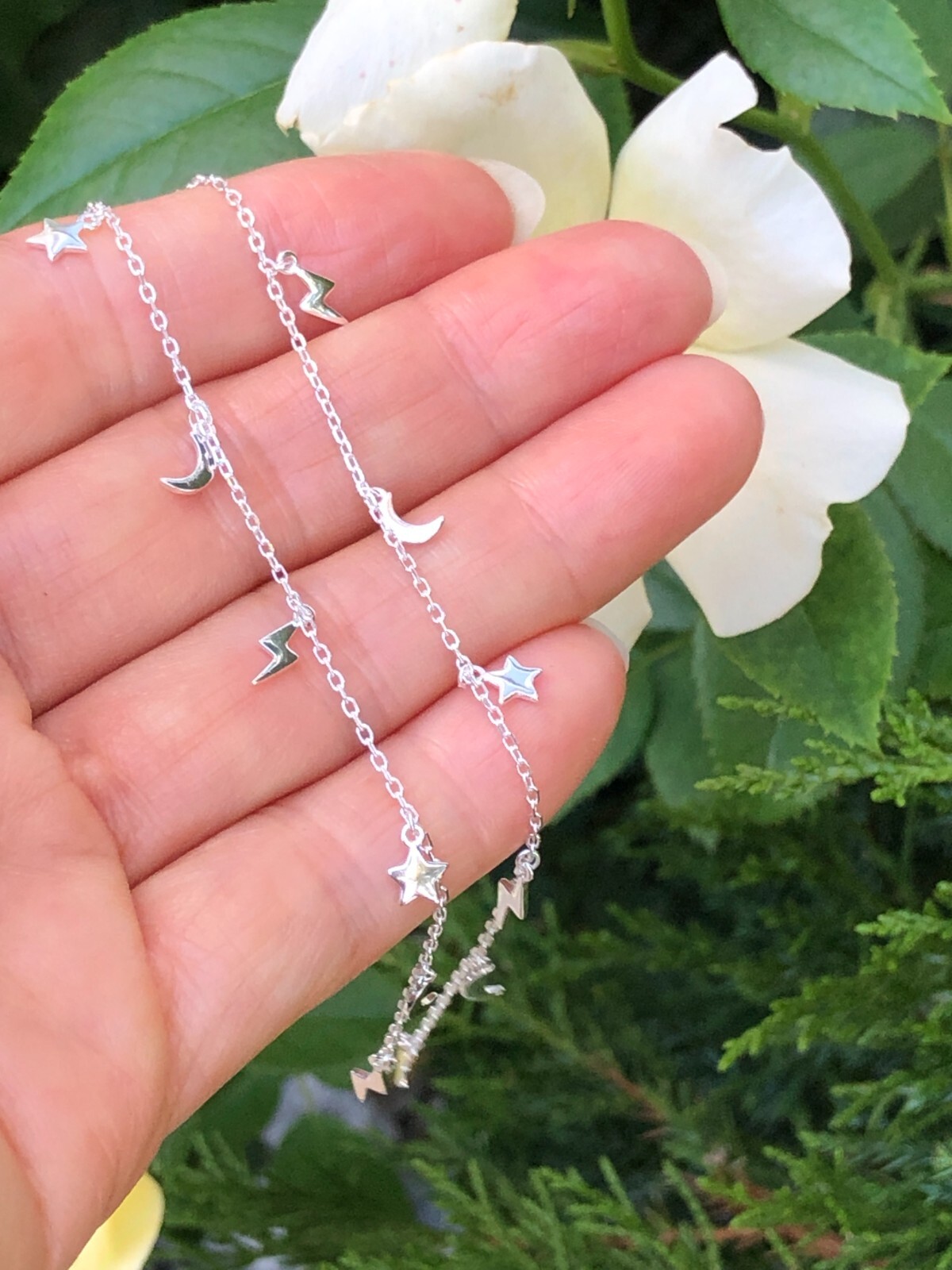 925 Sterling Silver Star Moon Lightning Station Choke Necklace Girls 6mm 15.5″