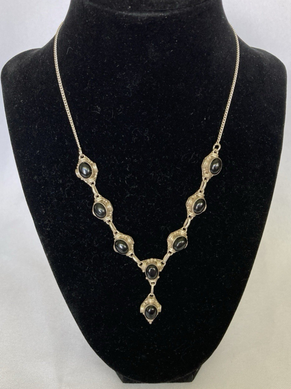 Pendant Necklace Sterling Silver with Black Stones Made in India New