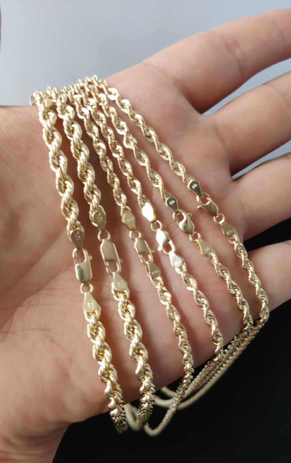 10K Gold Rope Chain Necklace 1.8mm 2.6mm 3.2mm 4.8mm 18-26 inches, Diamond Cut