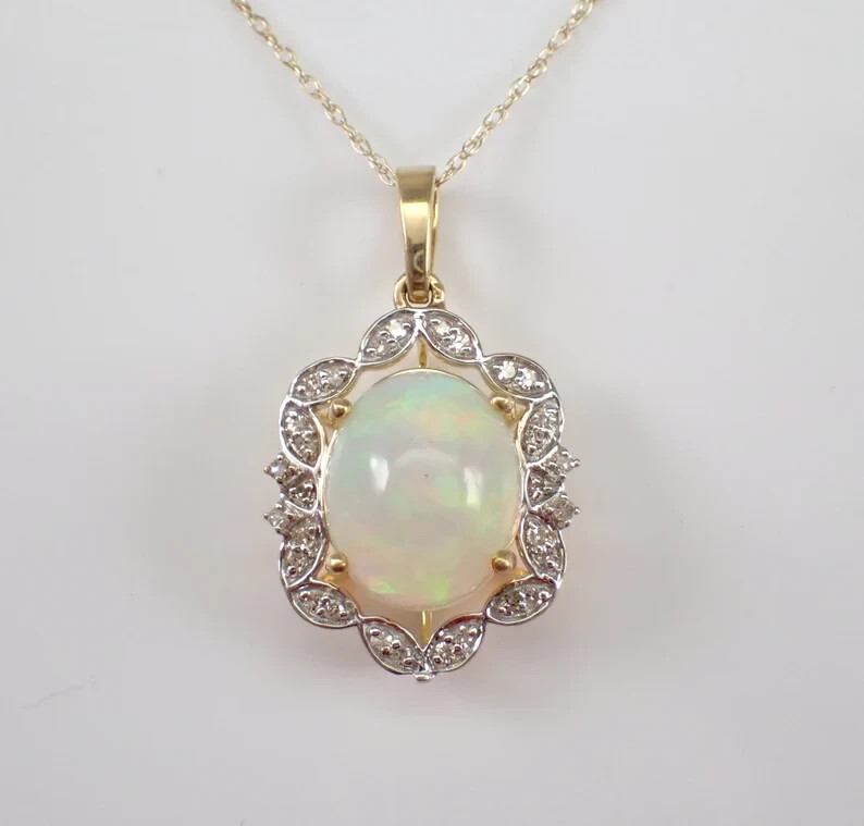 Natural Opal Halo Pendant Necklace 10k Yellow Gold Choker with 18 inch Chain