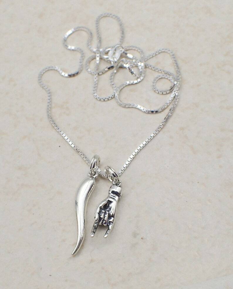 Italian Good Luck Necklace Sterling Silver Mano Cornuto Hand Charm Italian Horn