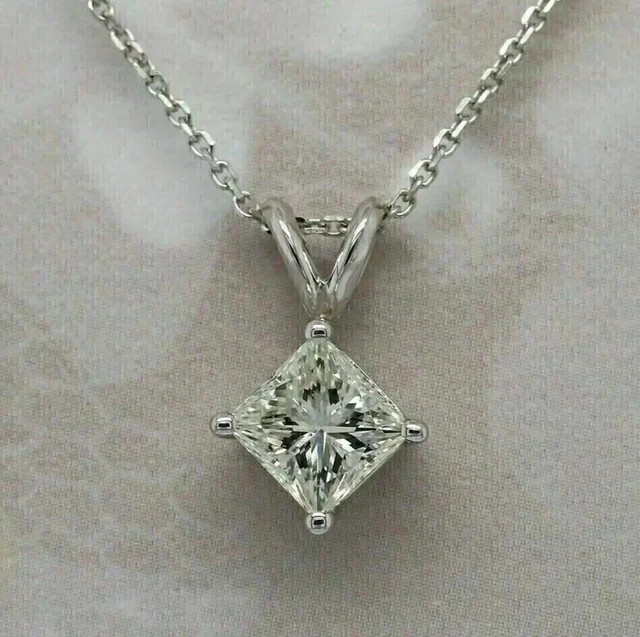 2.00 Ct Princess Cut Lab Created Diamond Solitaire Pendant 14K White Gold Plated