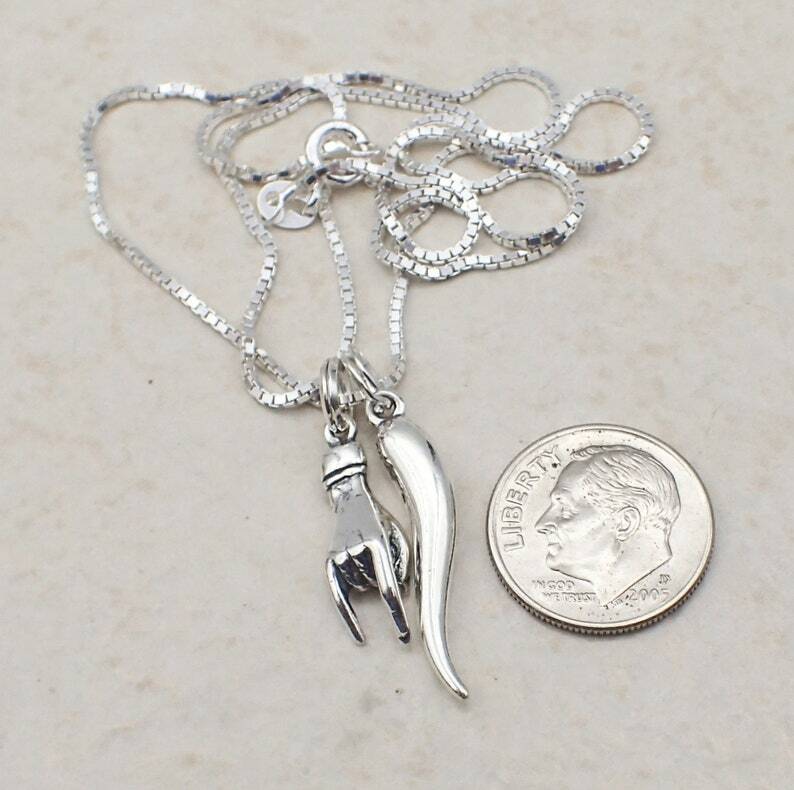 Italian Good Luck Necklace Sterling Silver Mano Cornuto Hand Charm Italian Horn