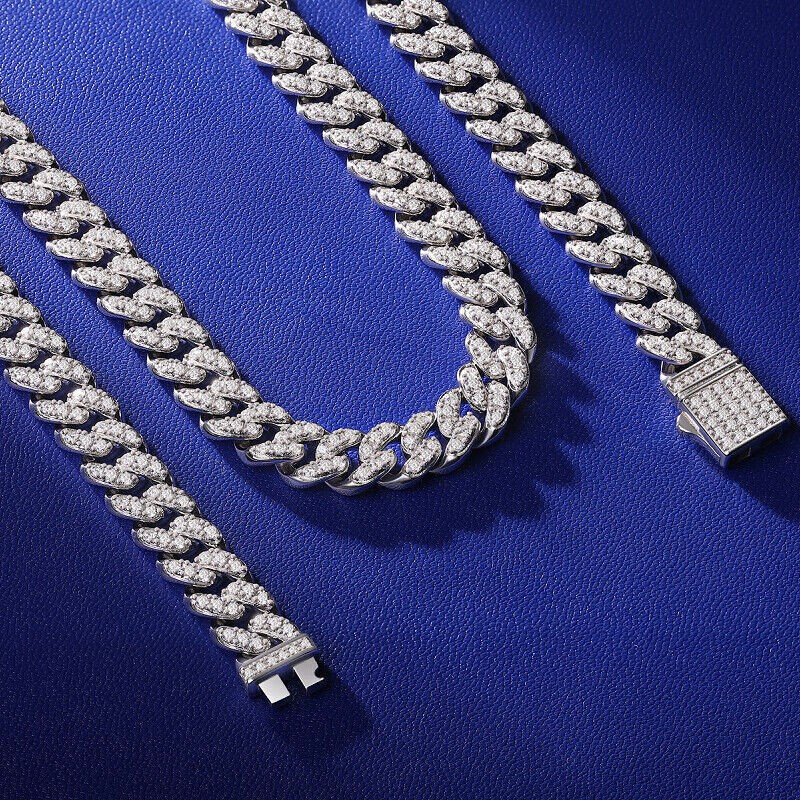 Real 8mm MOISSANITE Miami Cuban Link Chain Necklace Bracelet 925 Sterling Silver