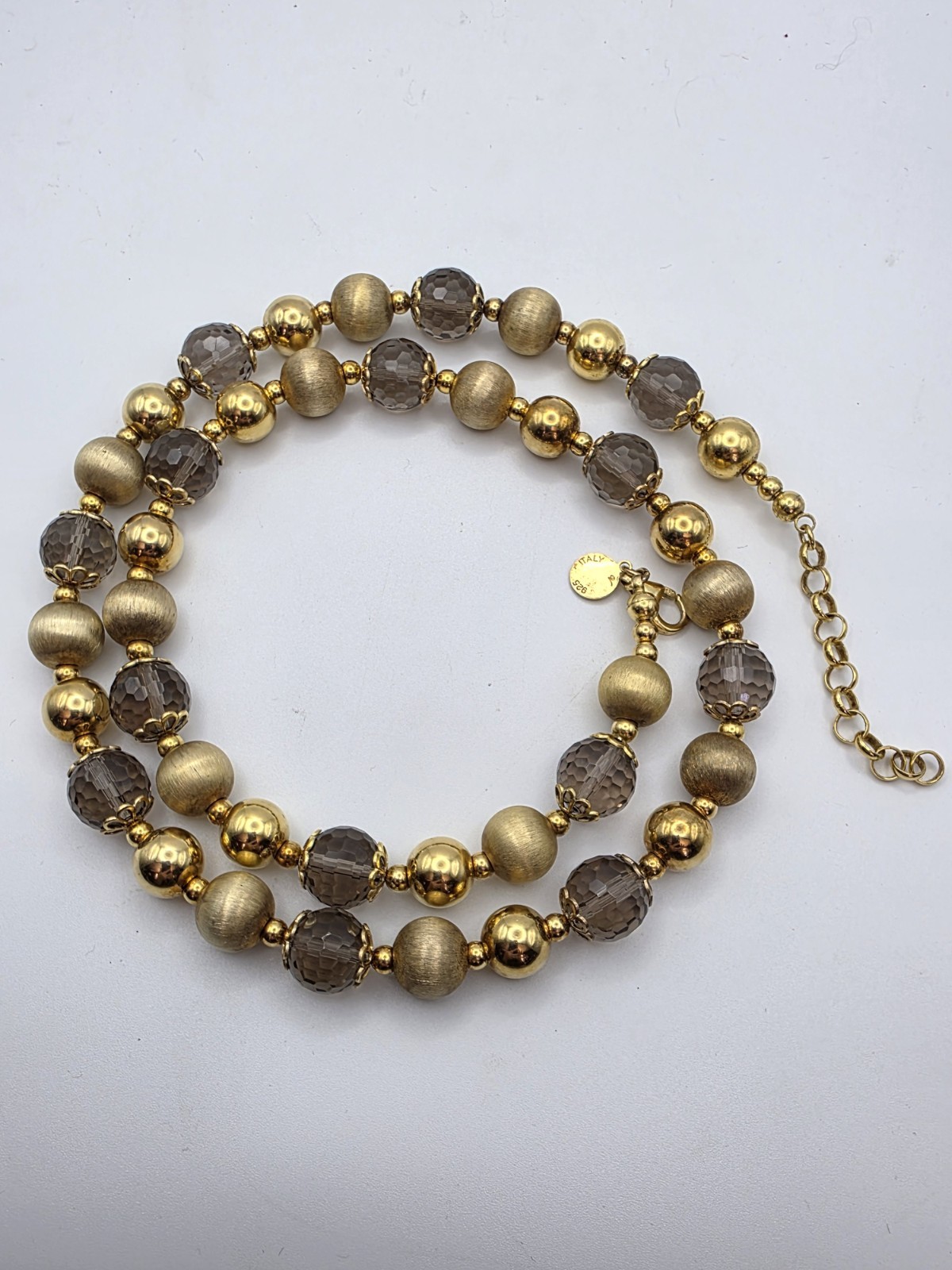 Veronese Italy Silver 925 Golden Plated Clad Smoky Quartz Bead Necklace 24″