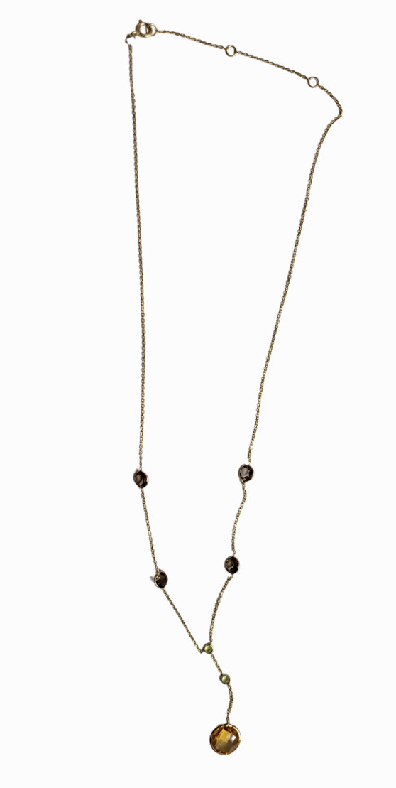 Smokey Topaz and Citrine Necklace with 1 1/2 Inch long Lariat,14K Yellow Gold