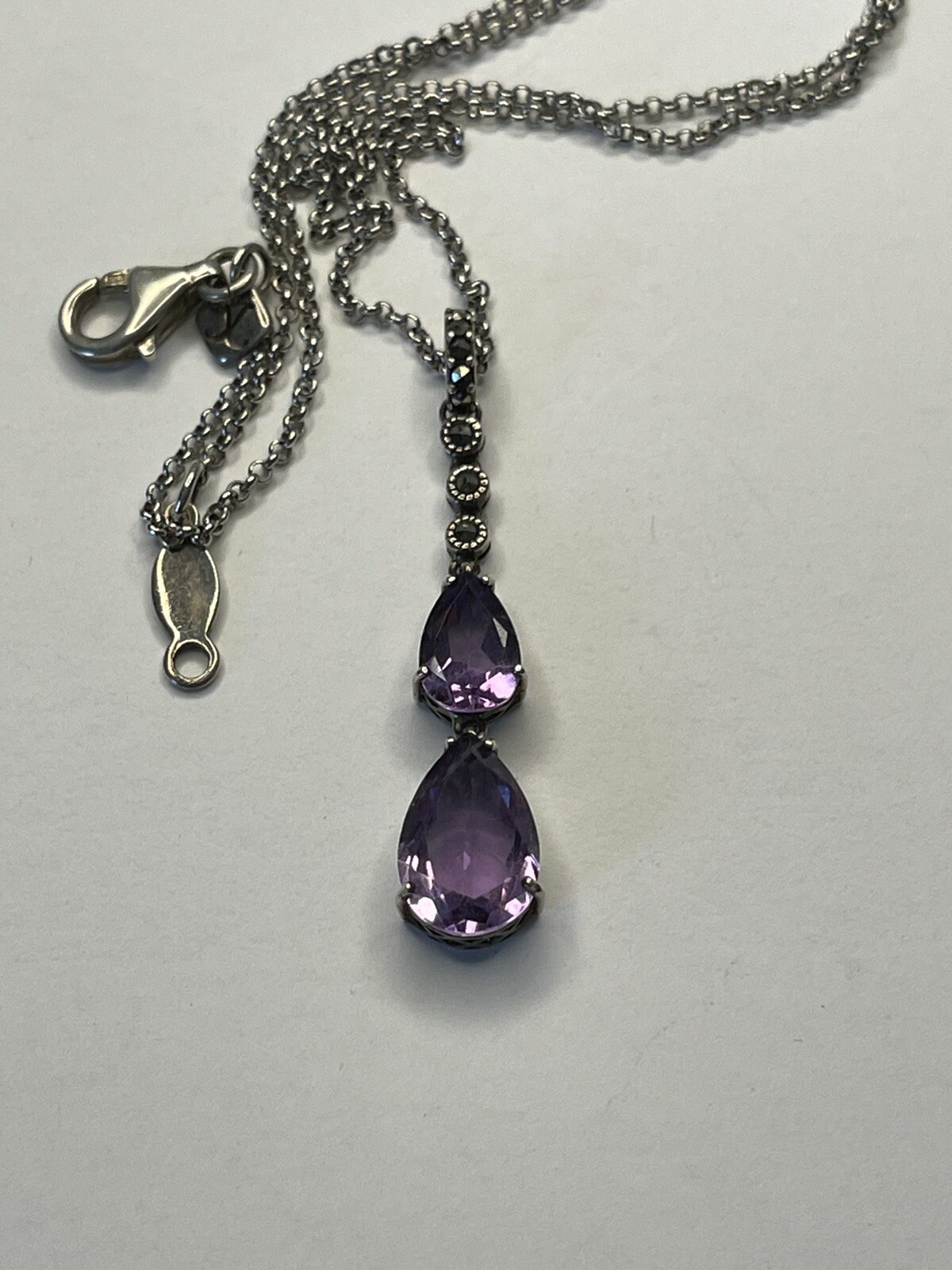 Two Pear Shaped Amethysts and Marcasite Sterling Silver Pendant Necklace 5 Grams
