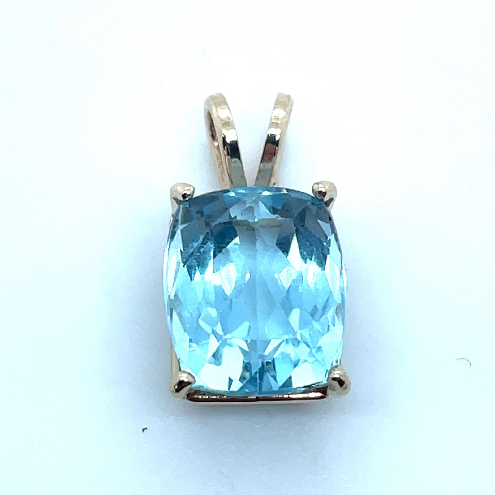 14k Yellow Gold 3.6 Ct Cushion Cut Blue Topaz Pendant, 9.85×8.5mm, 1.8 Grams
