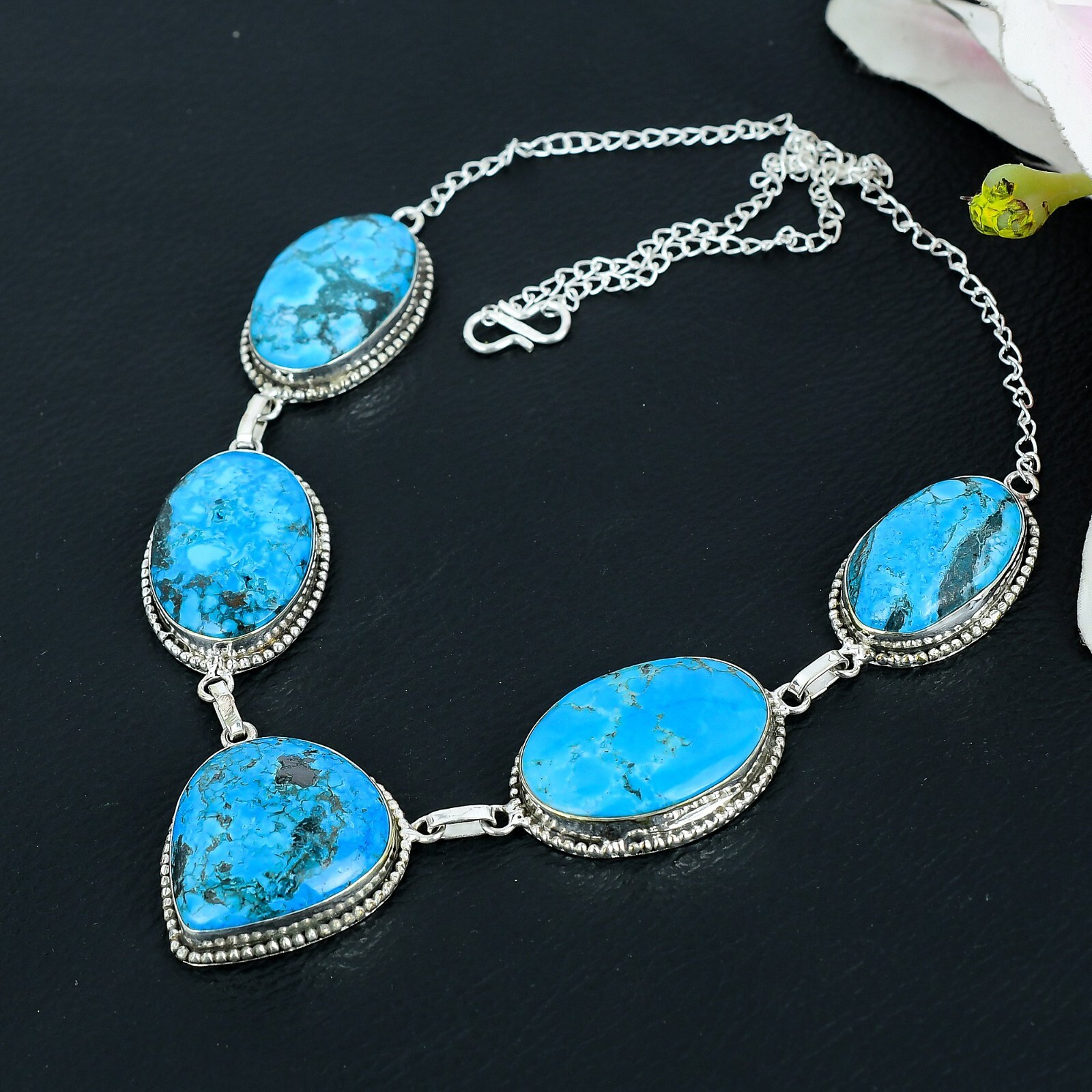 Tibetan Turquoise Gemstone Handmade Jewelry 925 Sterling Silver Necklace – 18″
