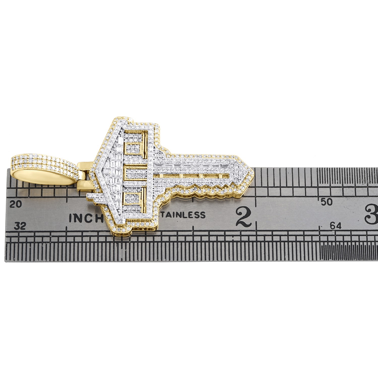 10K Yellow Gold Real Baguette Diamond 2″ Cluster Trap House Key Pendant 1.28 CT