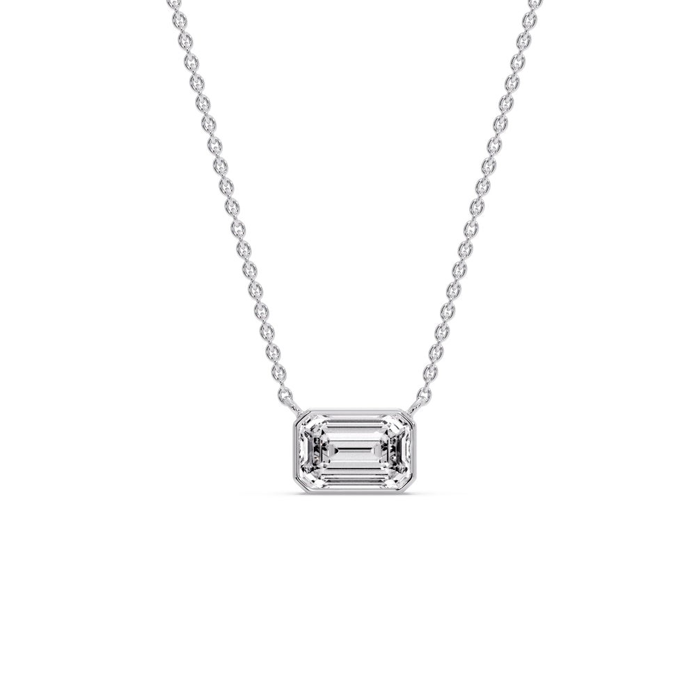 Emerald Cut Lab Grown Diamond Bezel Set Horizontal Solitaire Pendant 14K Gold