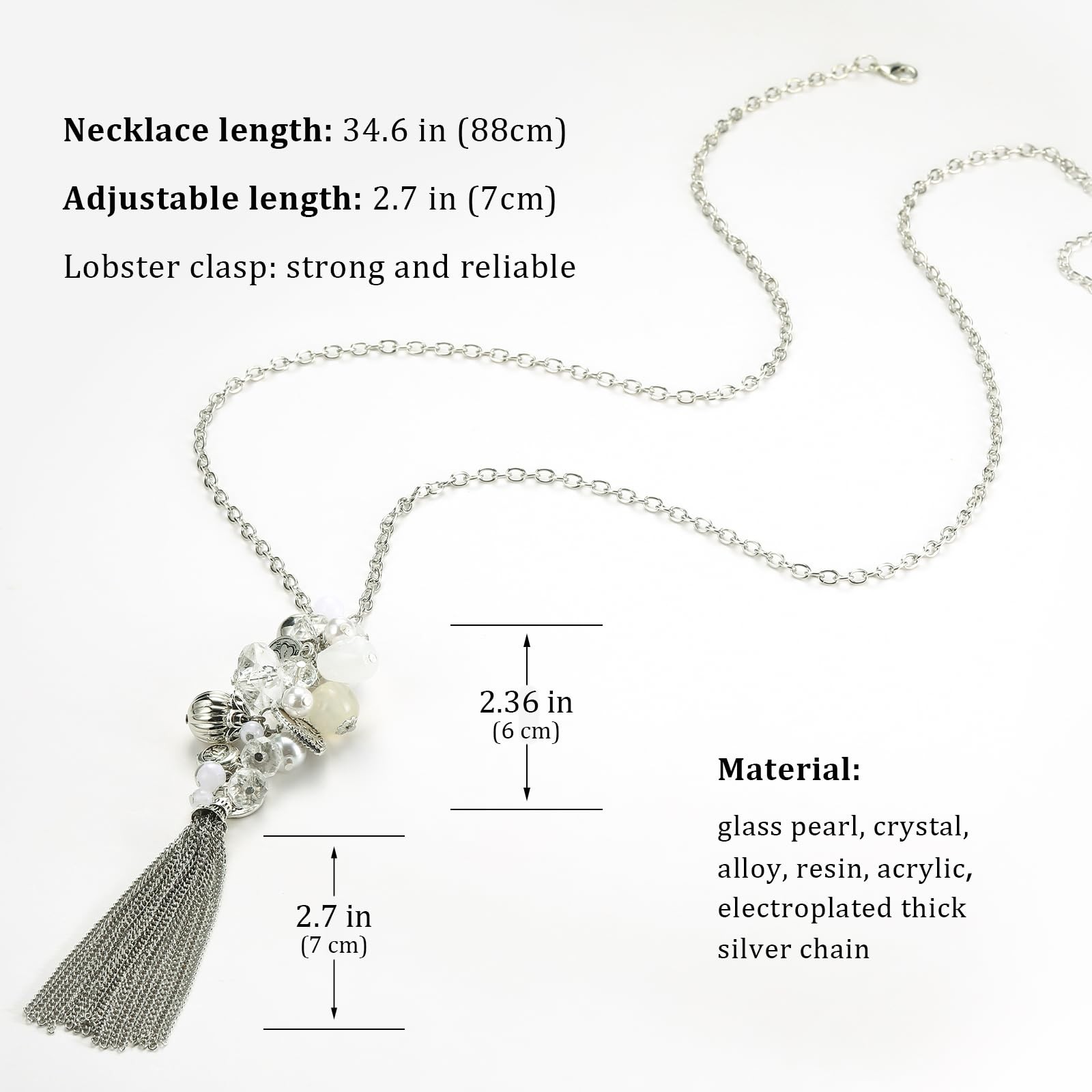 Silver Long Tassel Necklaces for Women Boho Chain Necklace with Tassel Beaded Pe