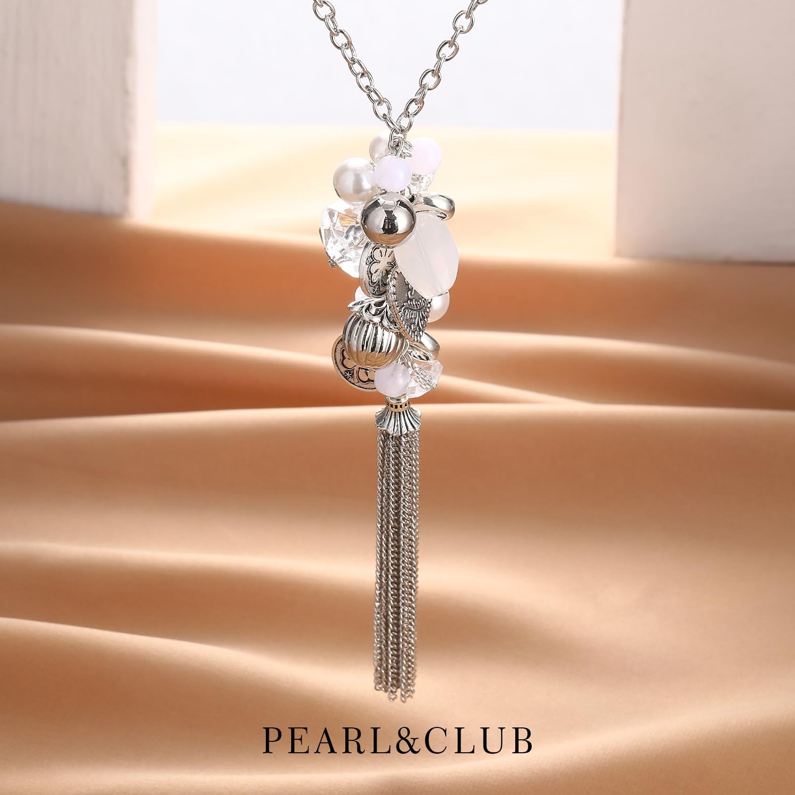 Silver Long Tassel Necklaces for Women Boho Chain Necklace with Tassel Beaded Pe