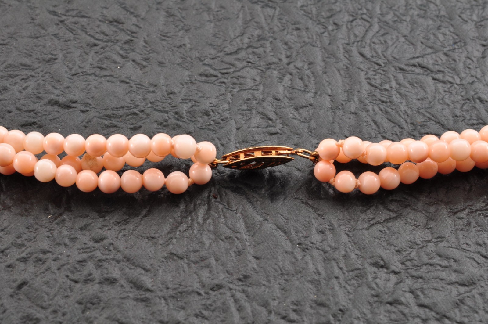 14k gold clasp pink coral necklace carved “cherry blossoms” Certification box.