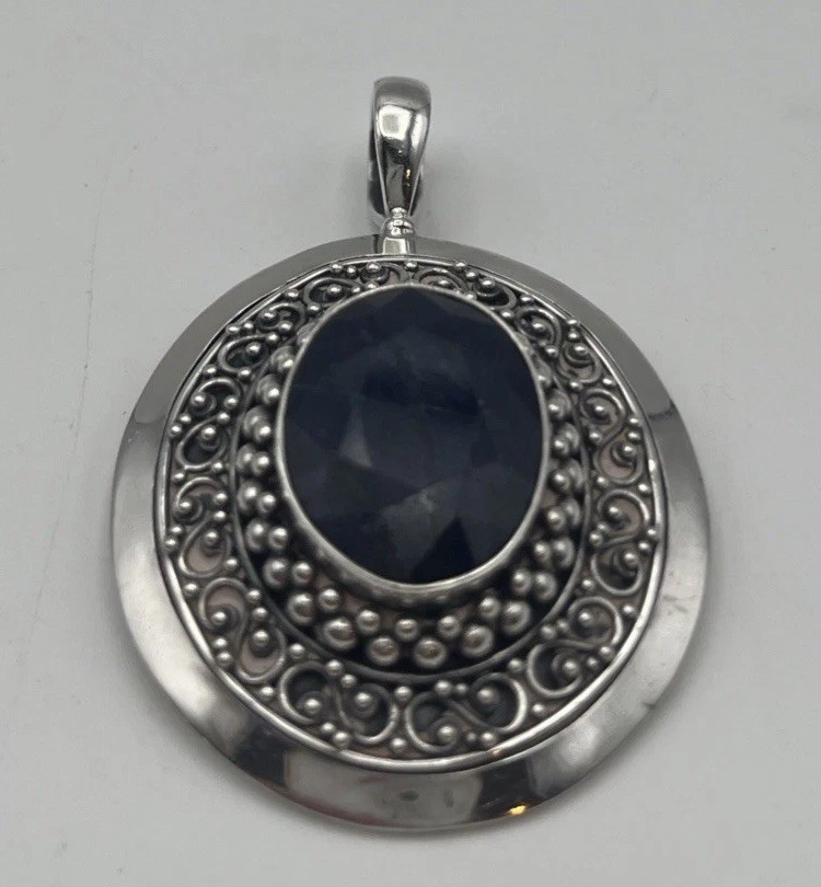 925 Sterling Dark Blue Sodalite Faceted Oval Statement Pendant 2.25” Signed BNY