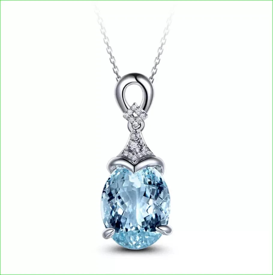 Oval Aquamarine Teardrop Solitaire Pendant with White Gold Finish Free Chain