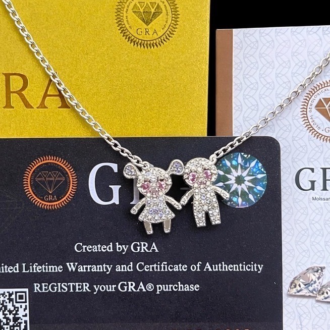 Sterling Silver 0.51 ct GRA Moissanite Boy & Girl Pendant Necklace Pave’ Set