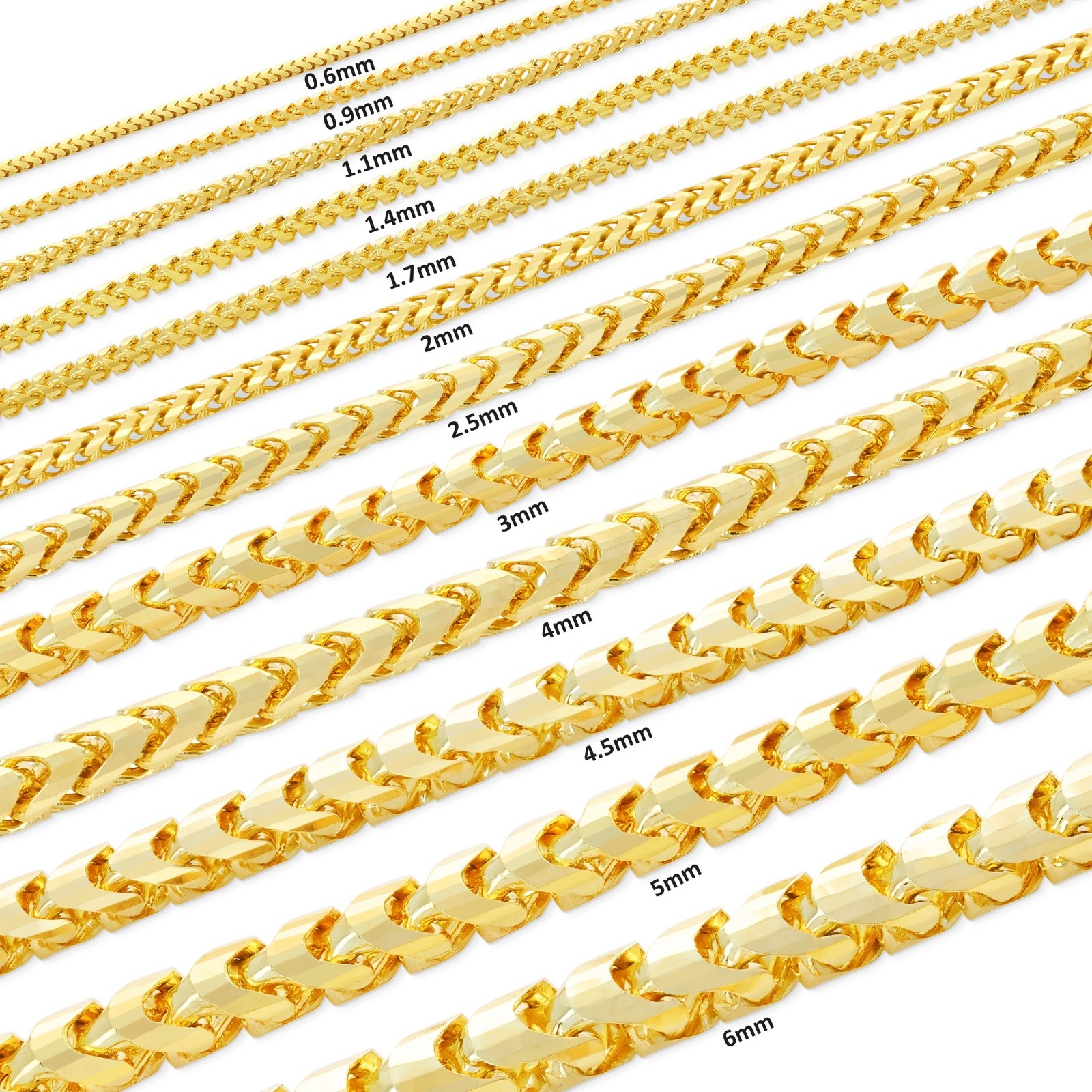 14K Yellow Gold Solid Franco 1mm-6mm Diamond Cut Chain Necklace Bracelet 7″-30″
