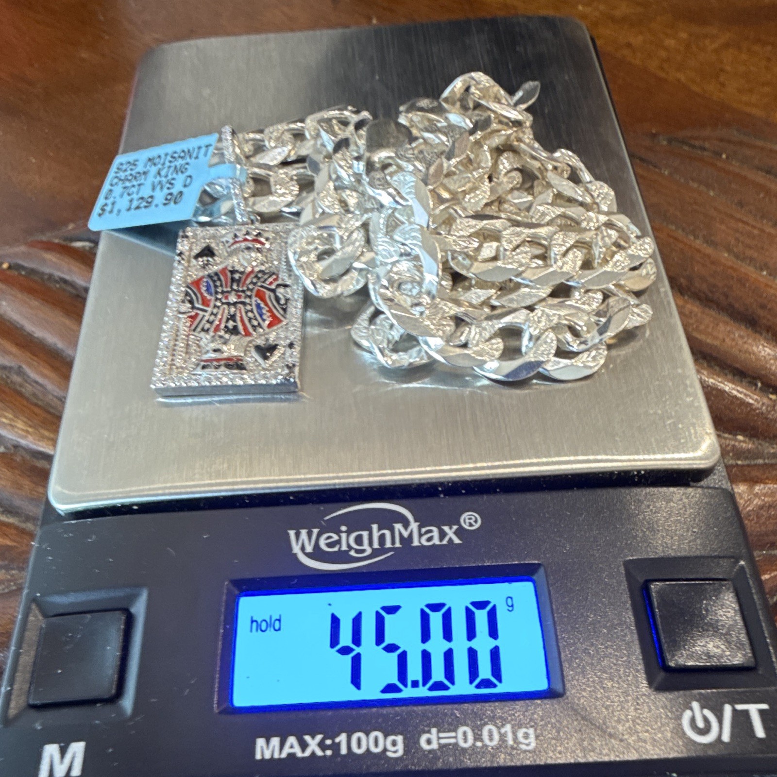 8.7mm Solid 925 (45g) Cuban Link Chain w Moissanite King Card Pendant