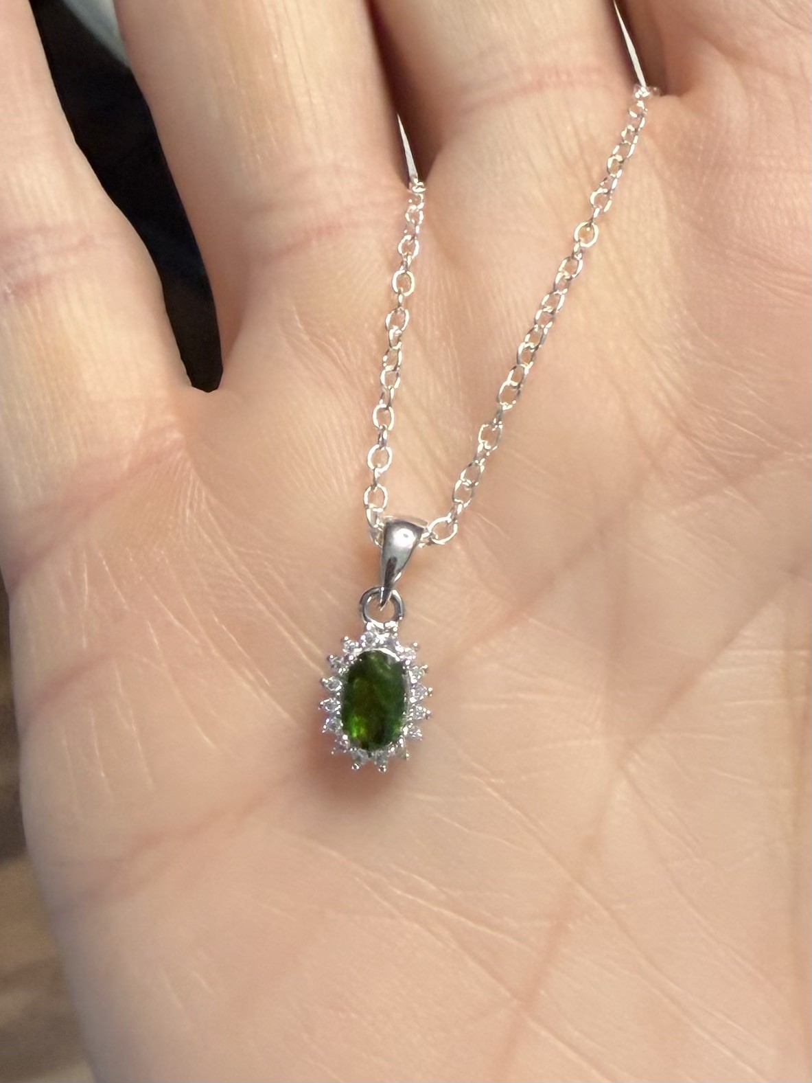 Stunning Natural Chrome Diopside w/Halo Pendant Necklace 925 Sterling Silver 18”