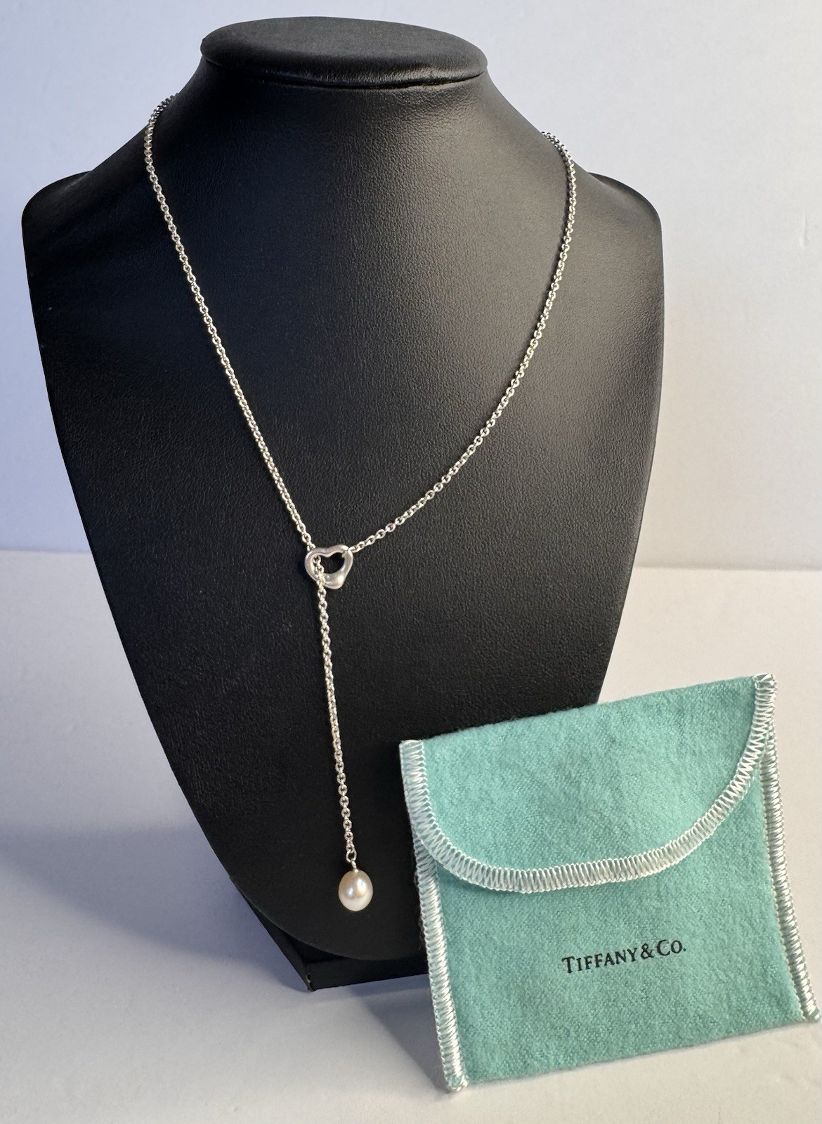 Tiffany & Co. Elsa Peretti 925 Sterling Open Heart Pearl Lariat Necklace Pendant