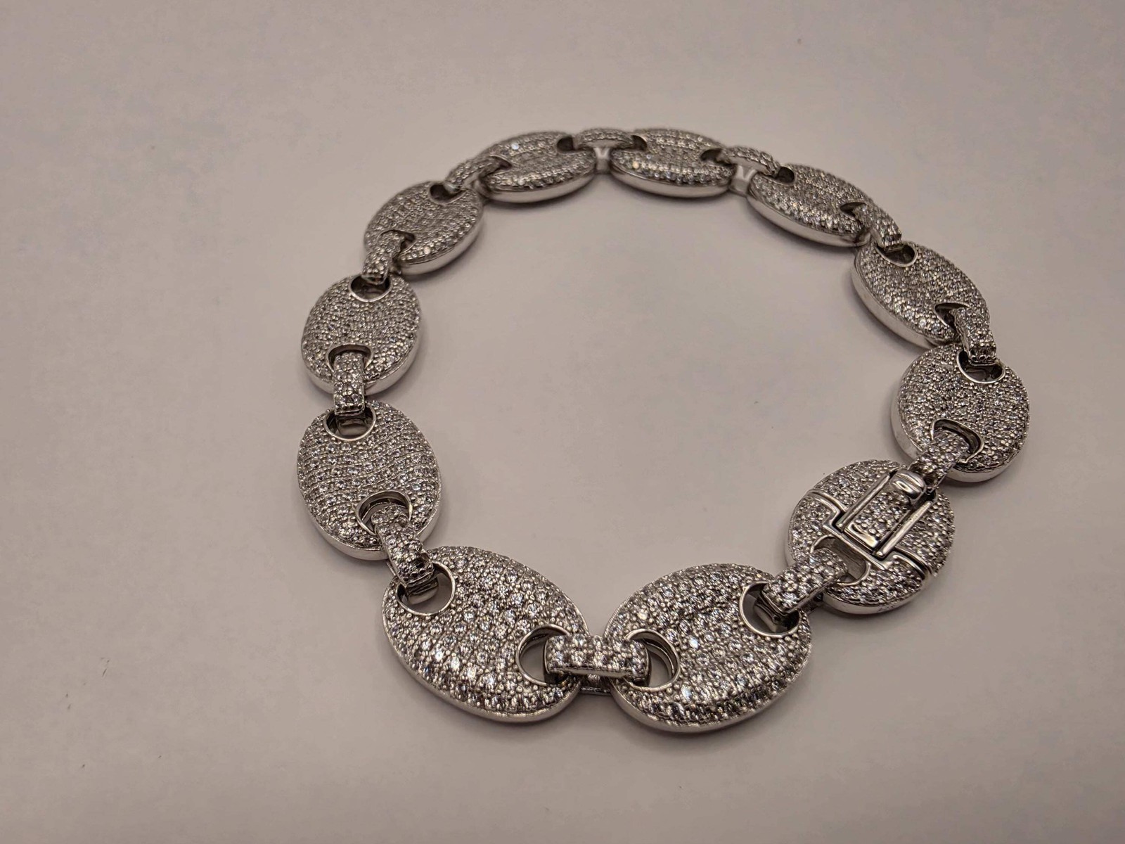 Sterling Silver Pave Mariner Link Bracelet | 925 Silver Iced Out Oval Link Brace
