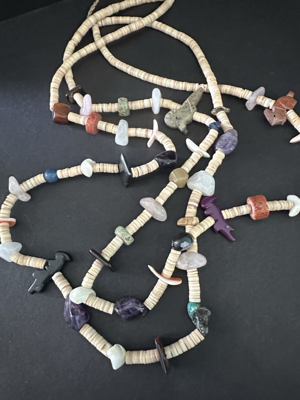 Natural Stone Fetish Style Necklace Carved Animals 2 Strand