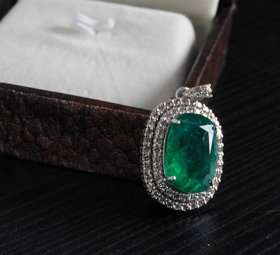 Features Lab-Created 10.01CT Green Emerald & White Diamonds Double Halo Pendant