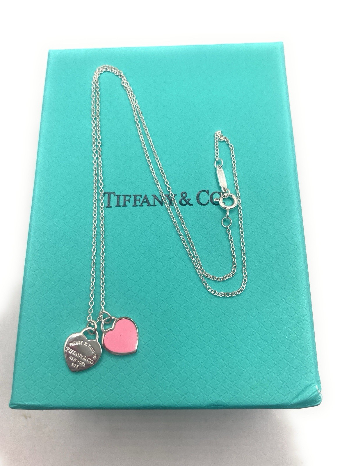Tiffany & Co Sterling Silver 925 Xsmall Double Heart Pendant & Necklace Set 17in