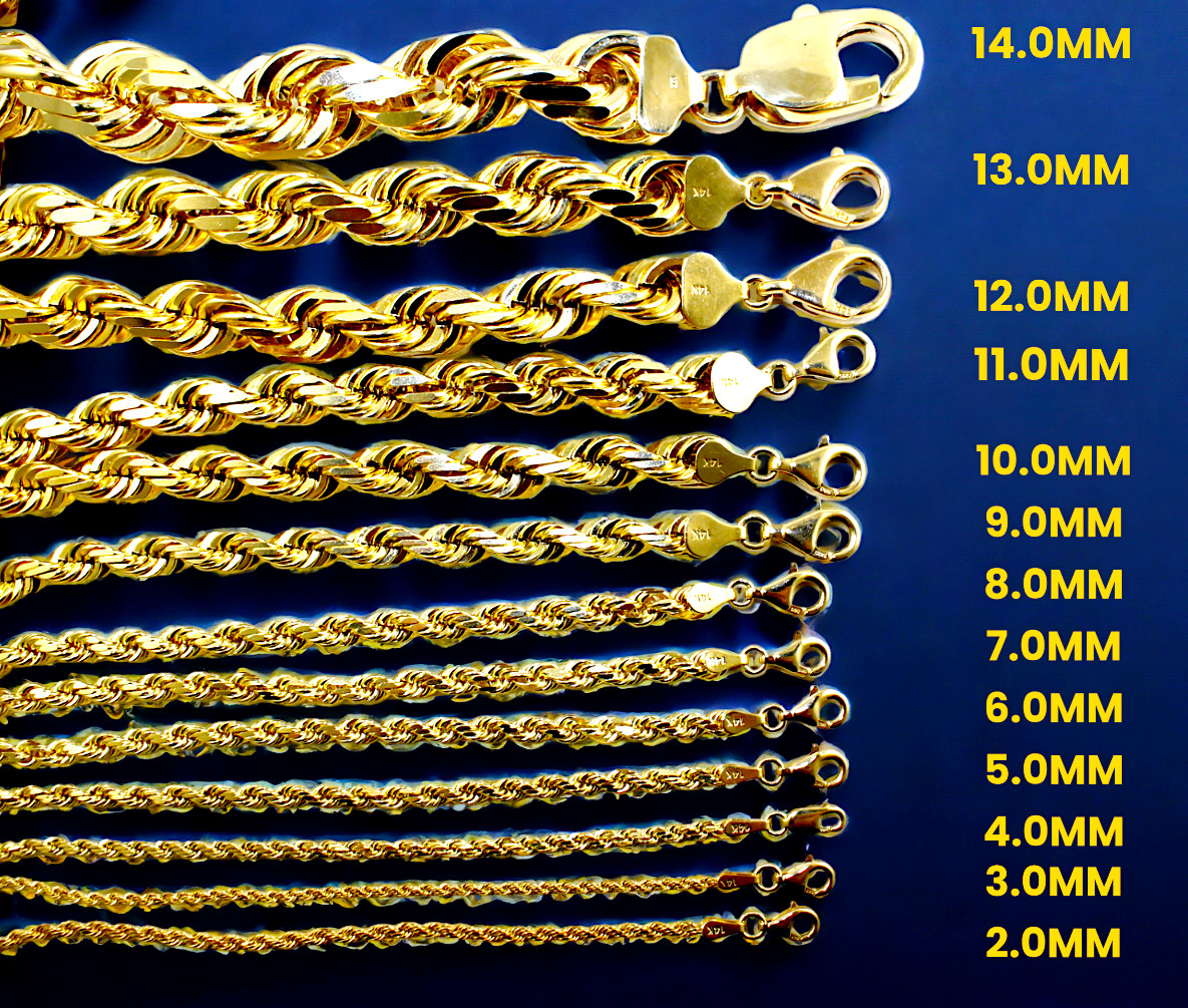 14K Yellow Gold 1mm-10mm Rope Chain Necklace Bracelet Diamond Cut Real 7″-30″
