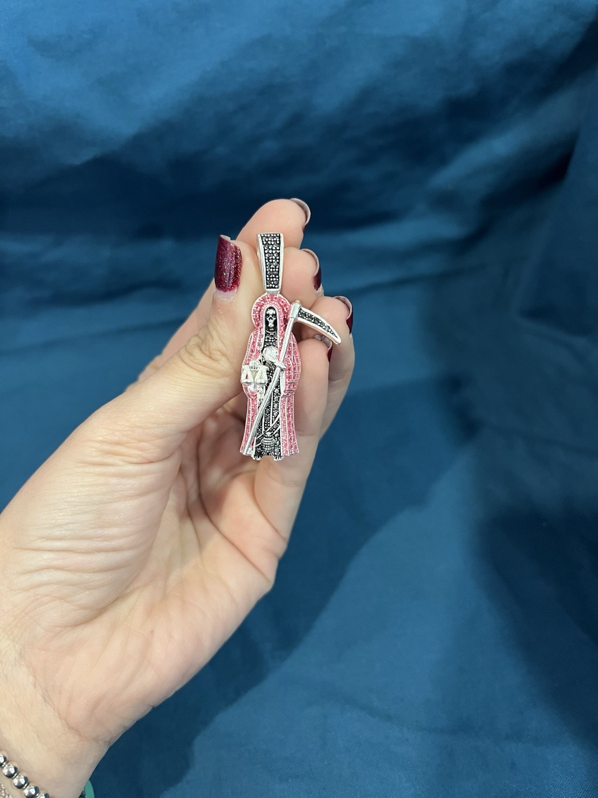 925 Sterling Silver Men Women Pink & Black Stones Santa Muerte Grim Reaper Medal