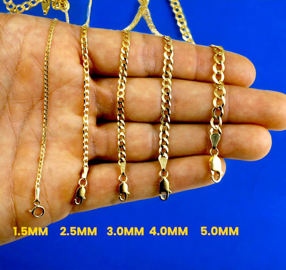 14K Yellow Gold 1.5mm-14mm Solid Curb Cuban Chain Necklace Link All Sizes