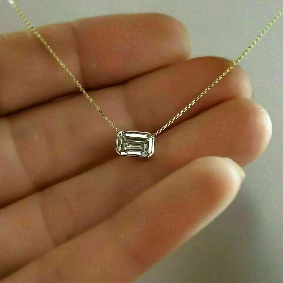 2.00Ct Emerald Cut Lab Created Moissanite Solitaire Pendant 14k Gold Plated