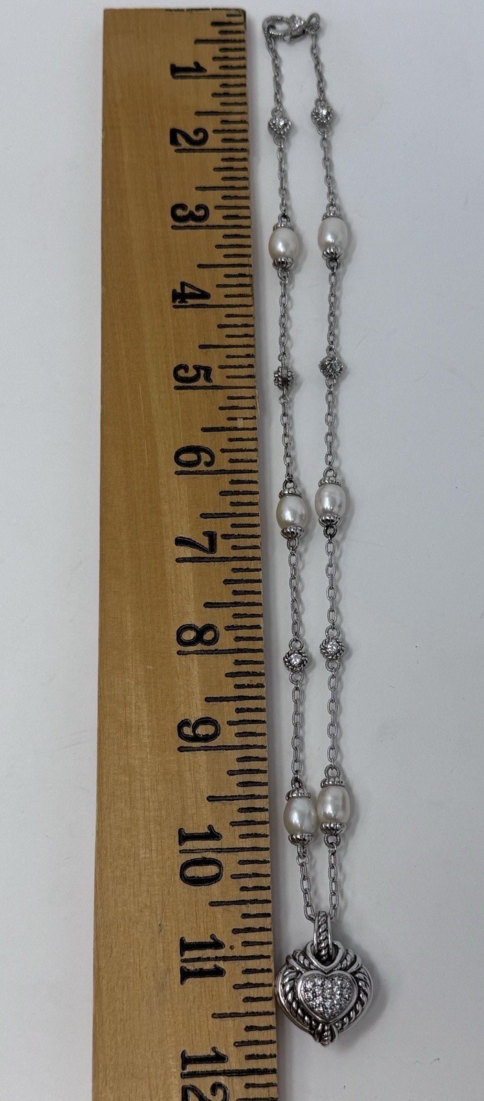Judith Ripka Sterling Silver Pearl CK 925 Heart Pendant Station Necklace 20”