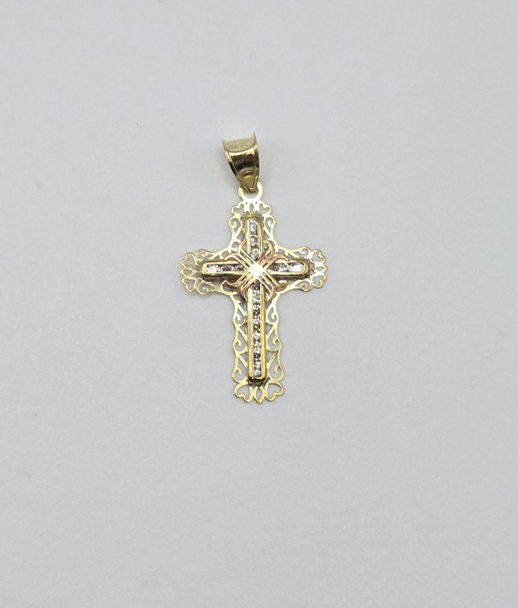 NEW Real 10K Yellow Gold 1in Cross Pendant, Pave CZ Stones, 3.5mm Bail