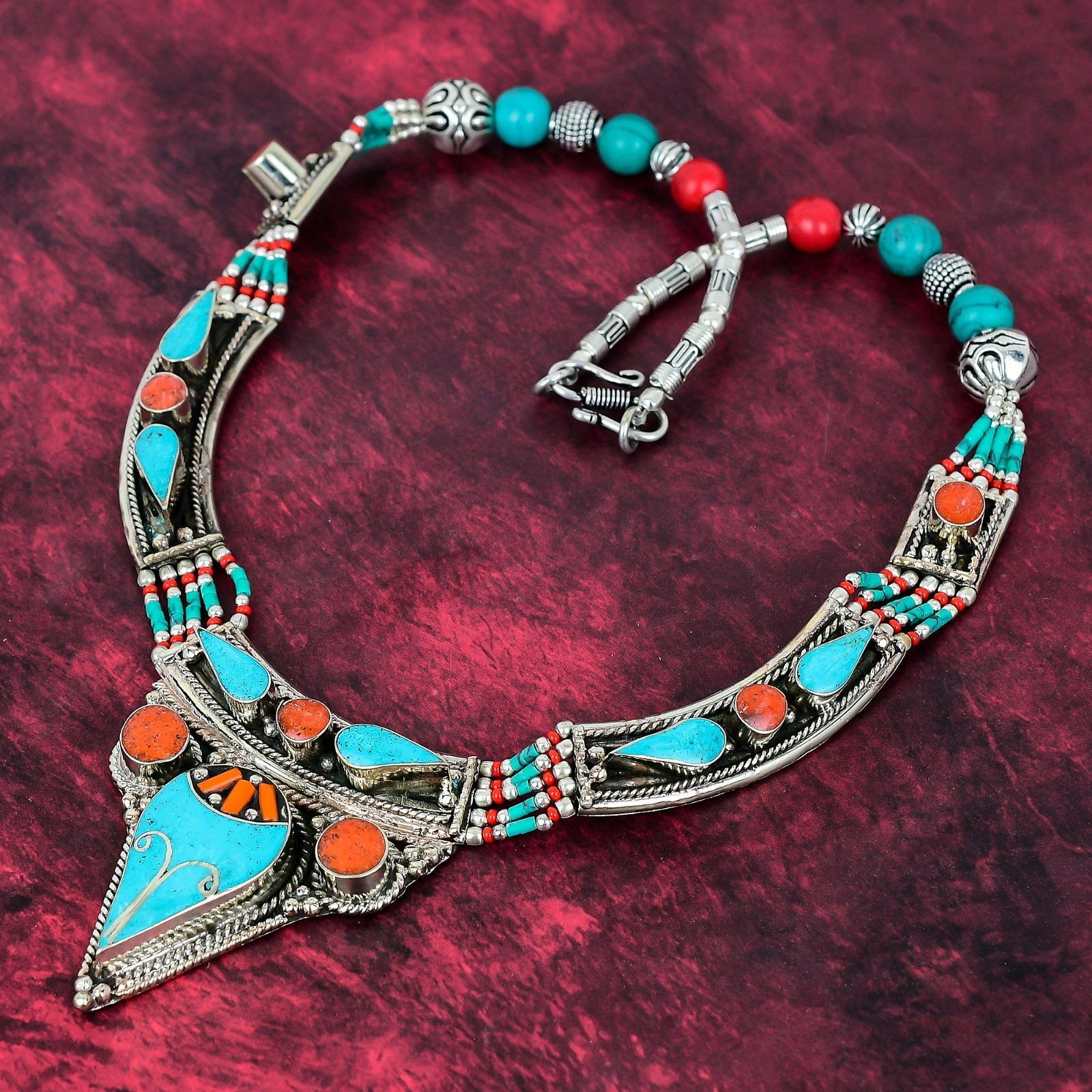Turquoise, Coral Gemstone Handmade 925 Sterling Silver Nepali Jewelry Necklace
