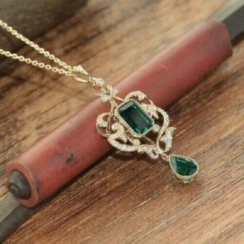 New 4Ct Emerald/Pear Cut Green Emerald Pendant 14K Yellow Gold Finish Free Chain