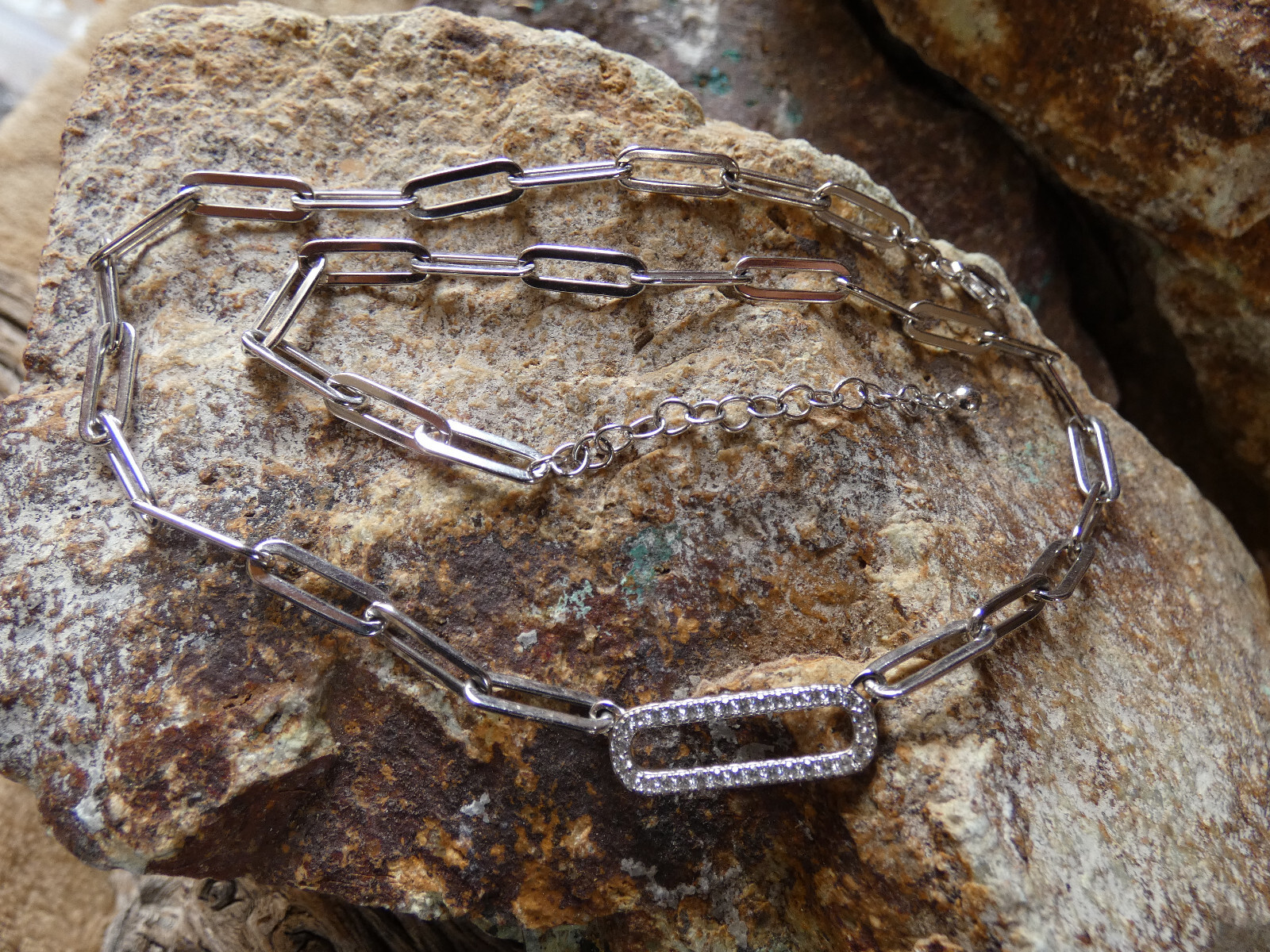 Paper Clip Trendy Necklace .40 ct. t.w. CZ Sterling Silver 17 inch To 19 inch