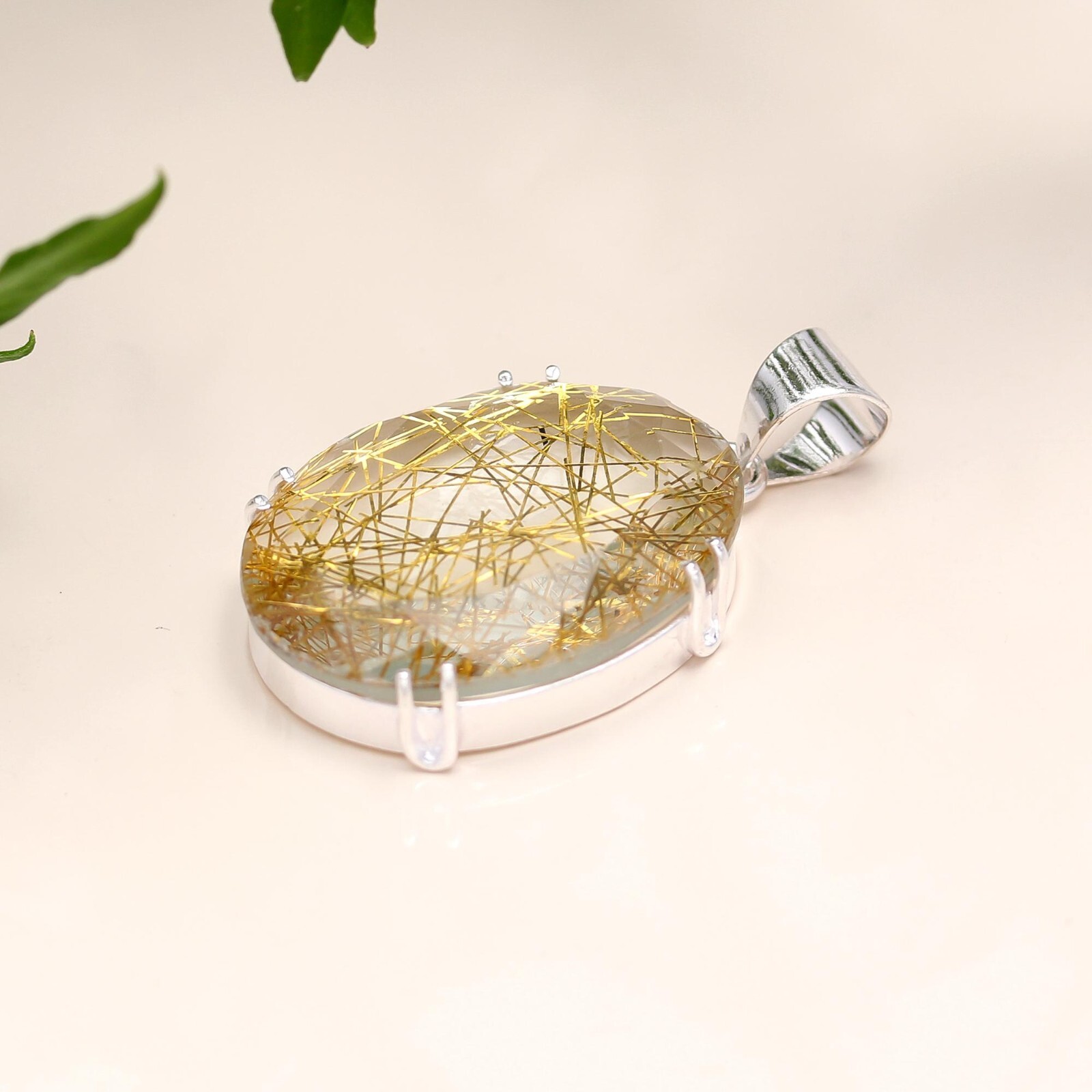 Golden Rutile Gemstone Pendant 925 Sterling Silver Jewelry Handmade Pendant