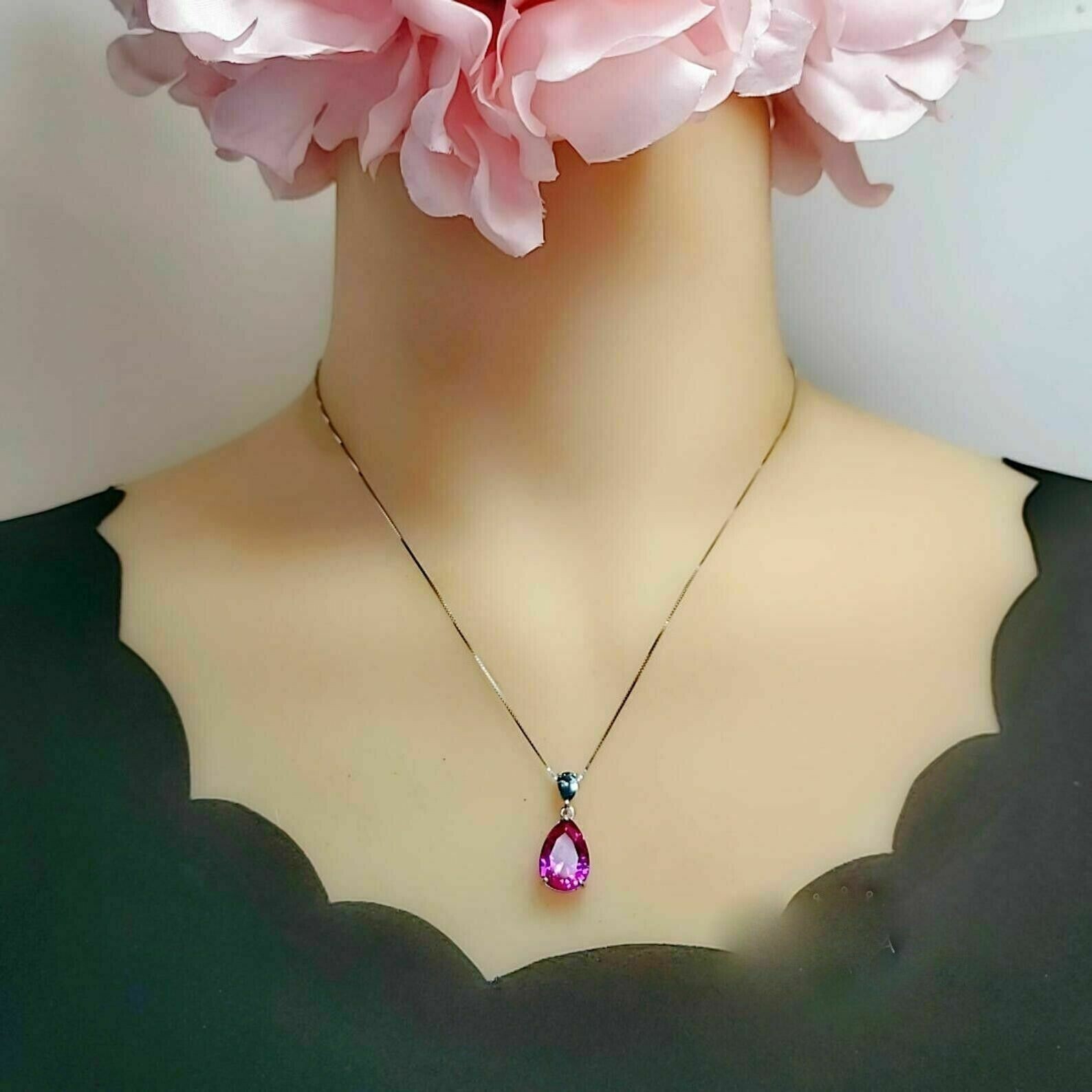 2.10Ct Pear Cut Pink Sapphire Teardrop Pendant 14K White Gold Plated Free Chain