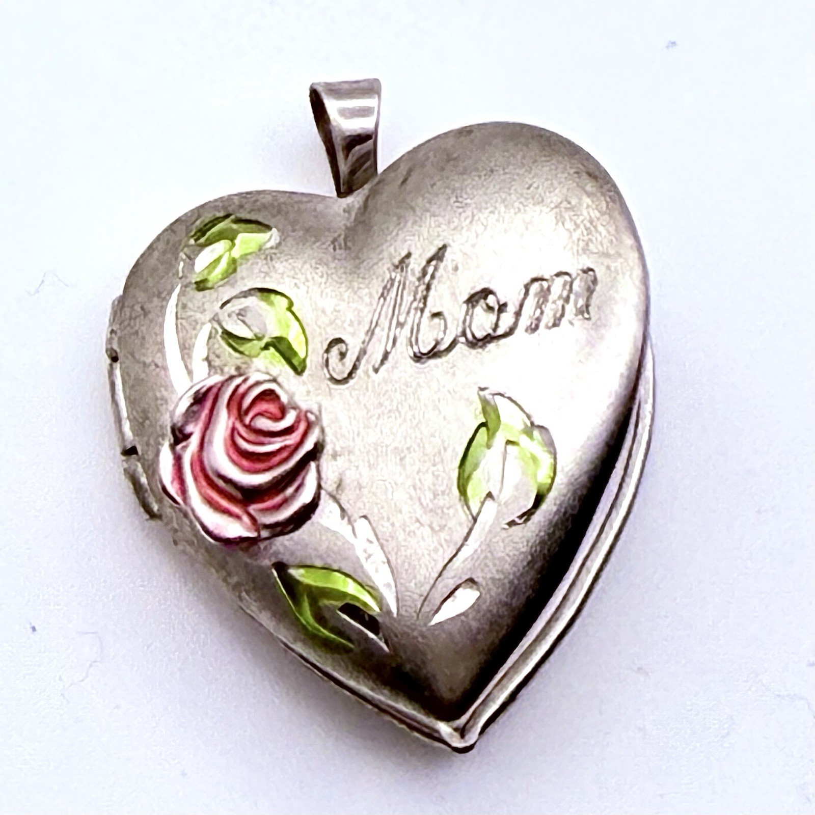 Sterling Silver Heart LOCKET Pink Enamel Rose “Mom” Inscription Mothers Day Gift