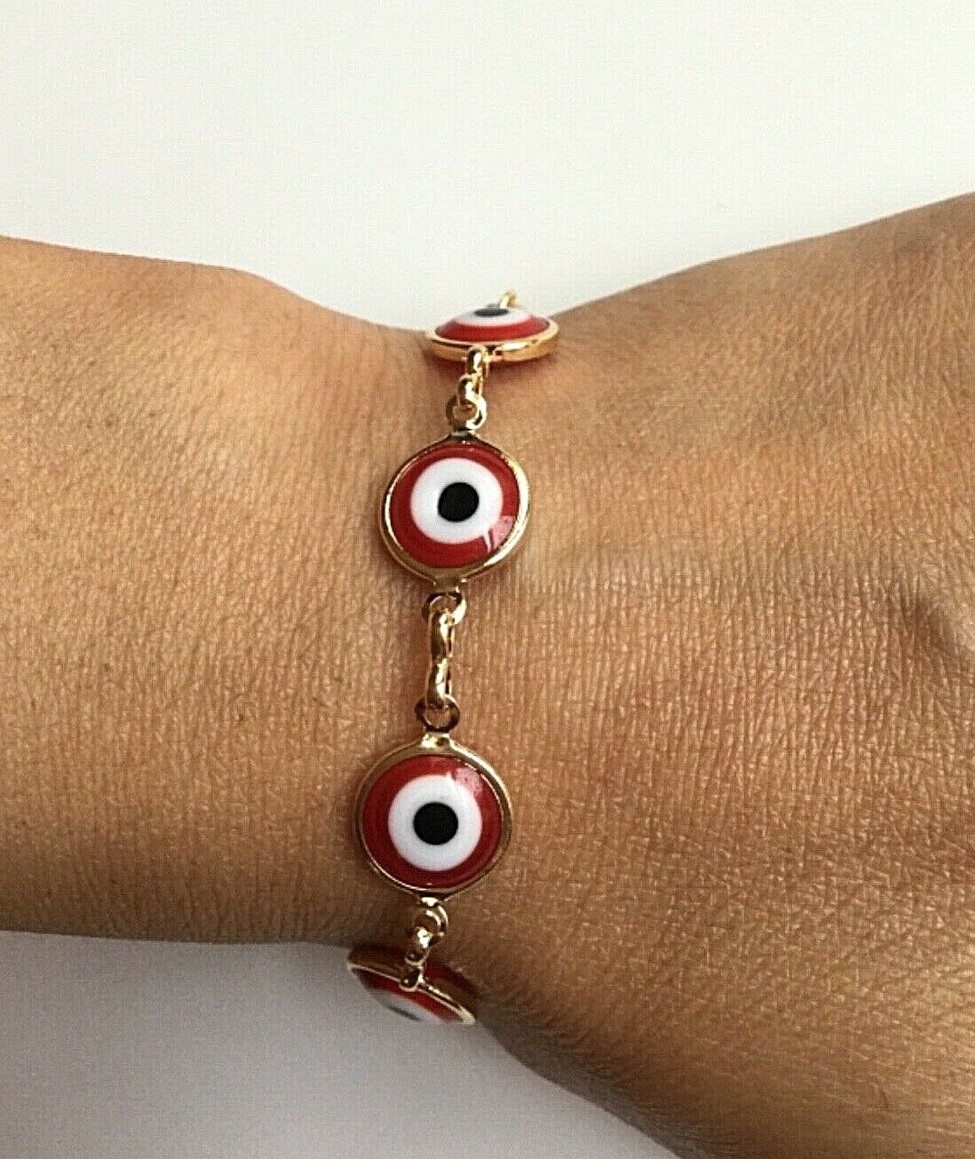 14K GOLD PLATED 6 RED EVIL EYE BRACELET 7.25″ LONG/PULSERA DE OJO ROJO 7.25″-B97