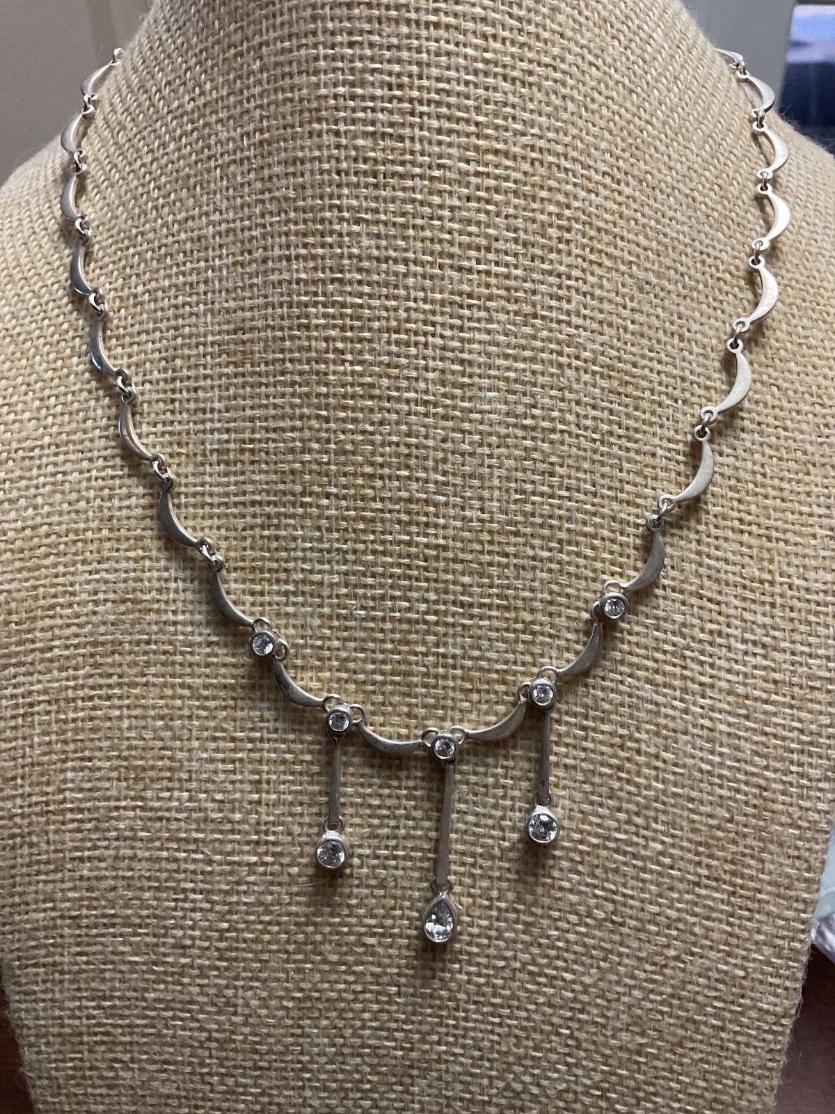 Sterling Silver 925 CZ Choker Necklace Drop Dangle Detail Signed