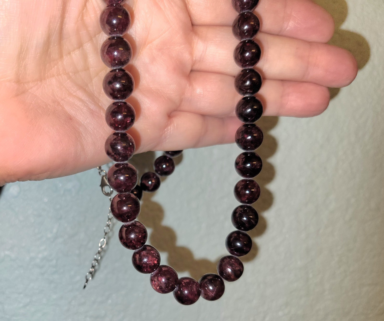 10 Mm 22″ Strand Wine Garnet Necklace 925 Silver