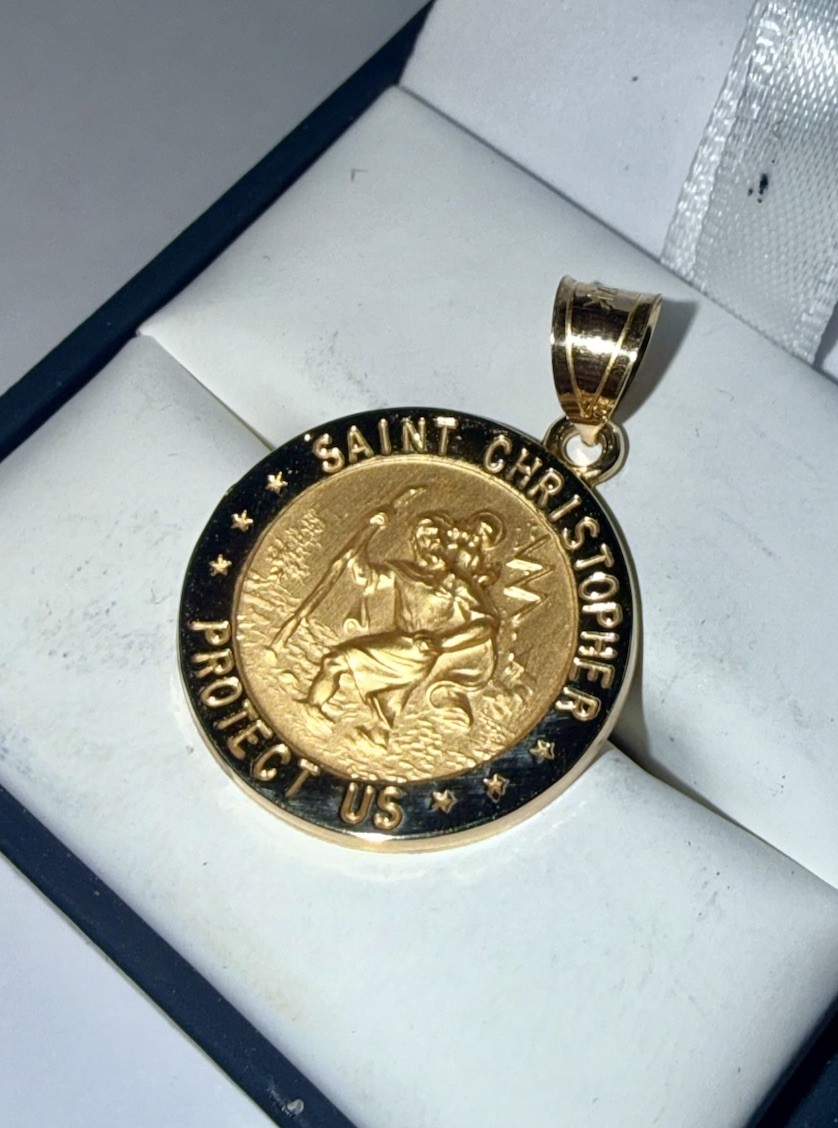 ESTATE Solid 14K Gold Saint Christopher Religious Circle Pendant