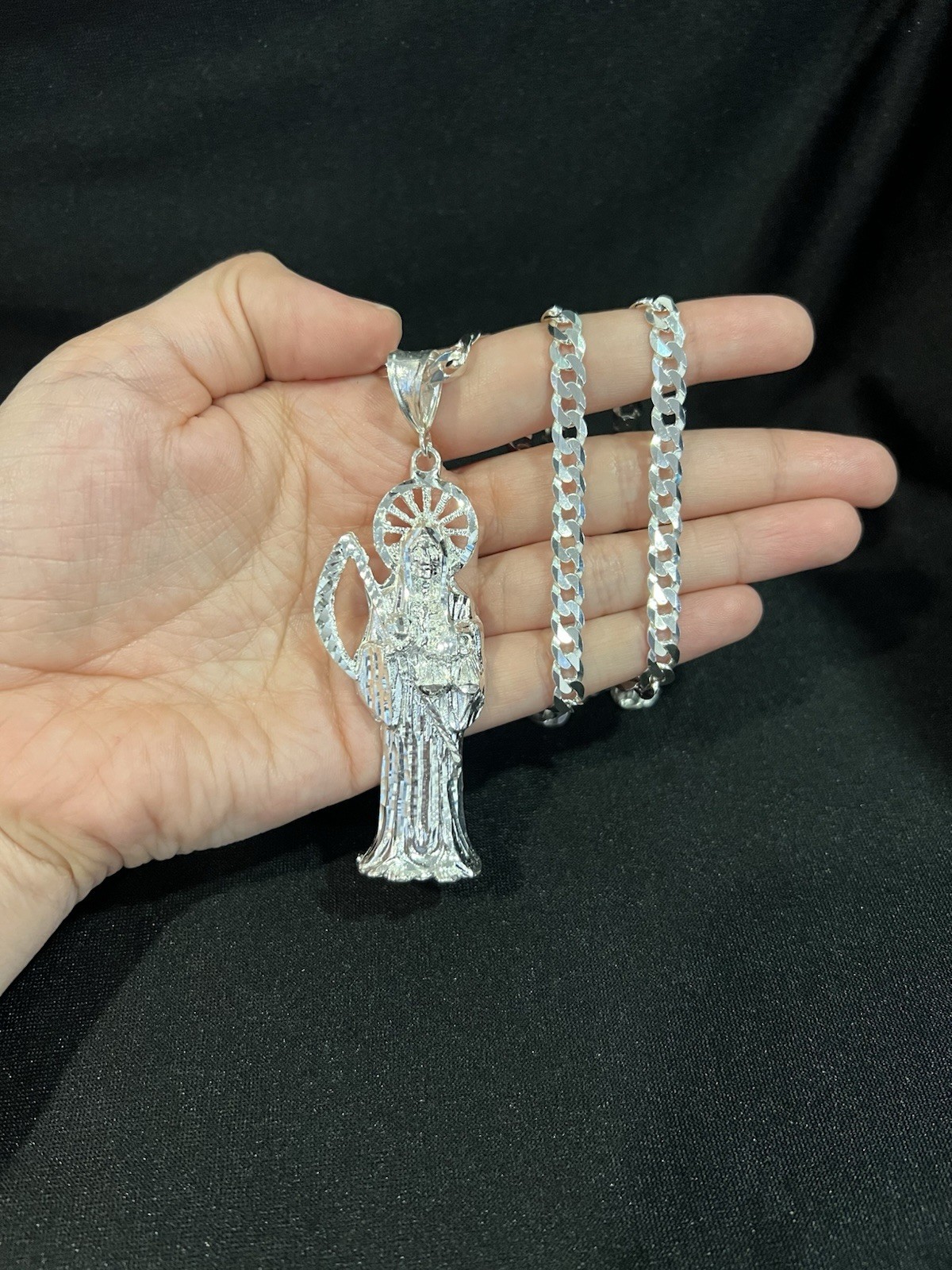 925 Sterling Silver BIG Men Women Santa Muerte Grim Reaper Curb Chain 20 26 30