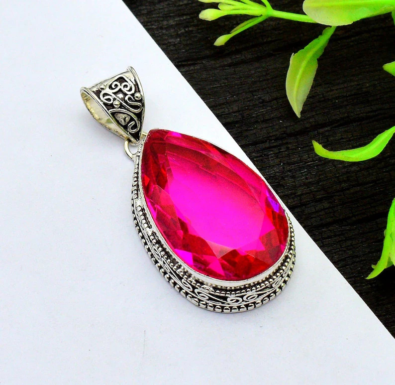 Pink Rubellite Gemstone Handmade 925 Sterling Silver Jewelry Christmas Pendant