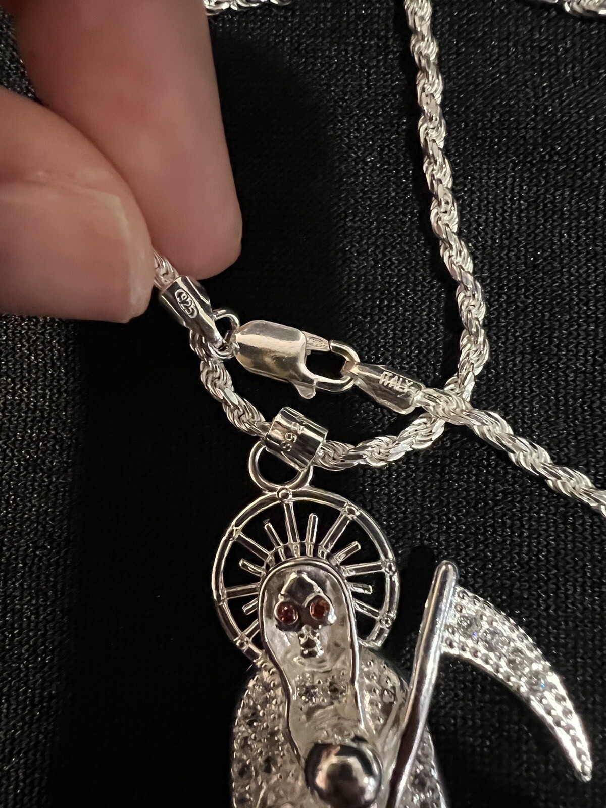 925 Sterling Silver Men Women CZ Santa Muerte Grim Reaper & Rope Chain 20 24 30