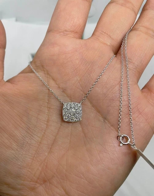 Real Moissanite 1.30Ct Round Cut Cushion Halo Stud Pendant 14K White Gold Plated