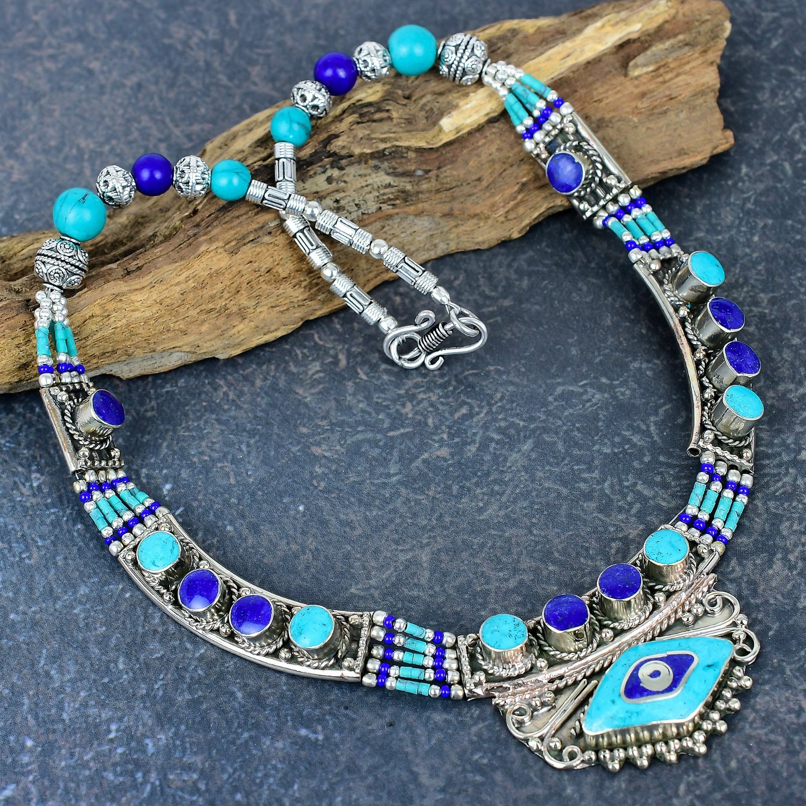 Lapis Lazuli & Turquoise 925 Sterling Silver Handmade Nepali Jewelry Necklace